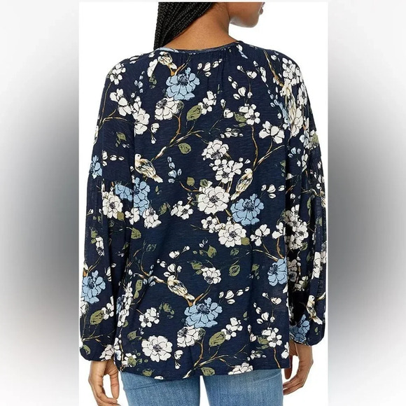 Lucky Brand Puff Sleeve Split Neck Floral Print Peasant Navy Blue Top S - Picture 6 of 6